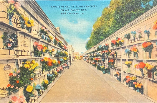 Vaults of Old St. Louis Cemetery on All Saints' Day, New Orleans, Louisiana - 1940s Linen Postcard