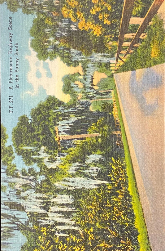 A Picturesque Highway Scene in the Sunny South, Louisiana - 1937 Linen Postcard