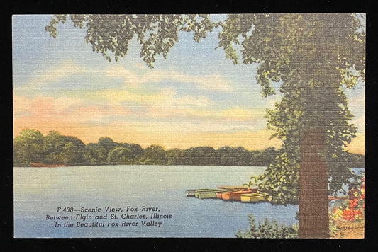 Scenic View - Fox River, Between Elgin and St. Charles, Illinois - In the Beautiful Fox River Valley - 1951 Linen Postcard