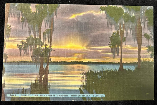 Sunset Time in Cypress Gardens, Winter Haven, Florida - Linen Postcard