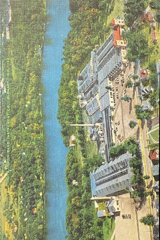 C.G. Conn Band Instrument Co. - Elkhart, Indiana - 1940s Linen Postcard