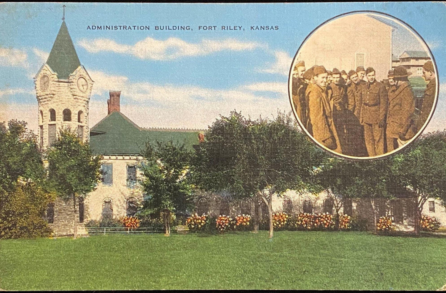 Administration Building - Fort Riley, Kansas - 1940s Linen Postcard