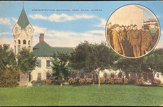 Administration Building - Fort Riley, Kansas - 1940s Linen Postcard