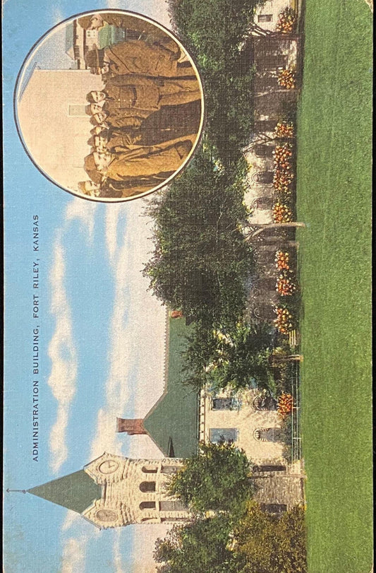 Administration Building - Fort Riley, Kansas - 1940s Linen Postcard
