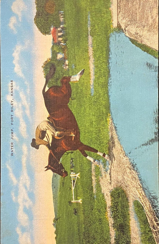 Water Jump - Fort Riley, Kansas - 1940s Linen Postcard