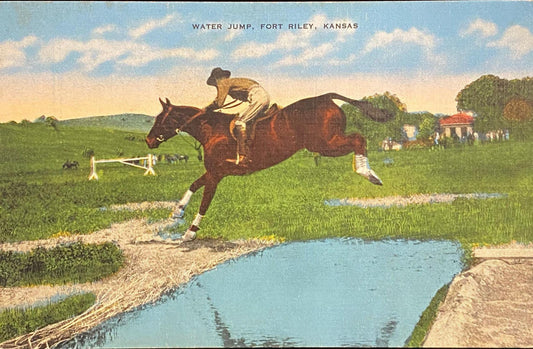 Water Jump - Fort Riley, Kansas - 1940s Linen Postcard