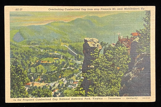 Overlooking Cumberland Gap from atop Pinnacle Mt. near Middlesboro, Kentucky - 1932 Linen Postcard