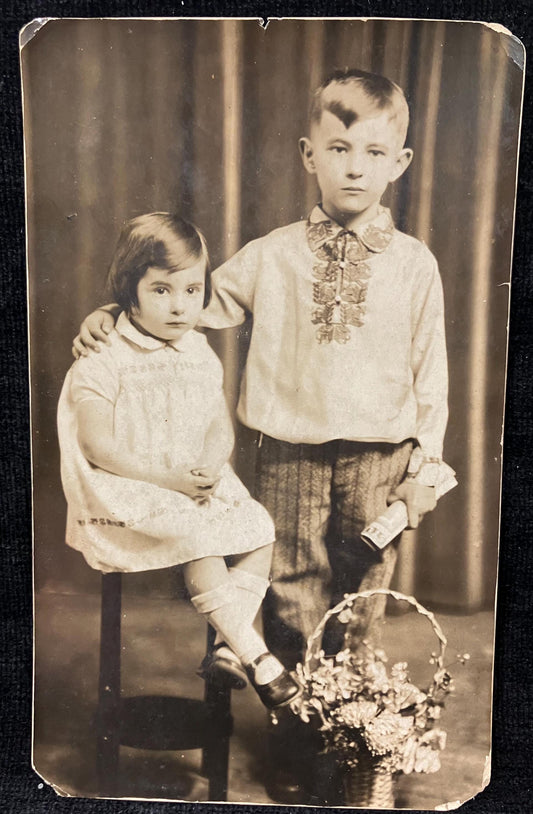 RPPC - Formal Photo of Brother and Sister with Floral Basket - Late 1920s - Real Photo postcard - Perhaps used as a Holiday Photo Card