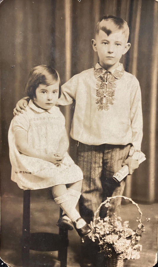 RPPC - Formal Photo of Brother and Sister with Floral Basket - Late 1920s - Real Photo postcard - Perhaps used as a Holiday Photo Card