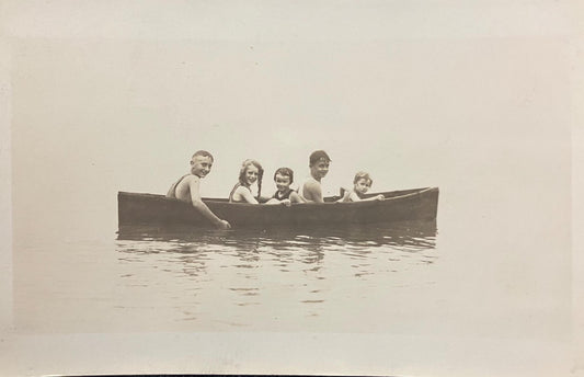 RPPC - Five Smiling Children Sitting in a Canoe at South Haven, Michigan - Wet Children pose in Canoe on Lake Michigan - Real Photo Postcard