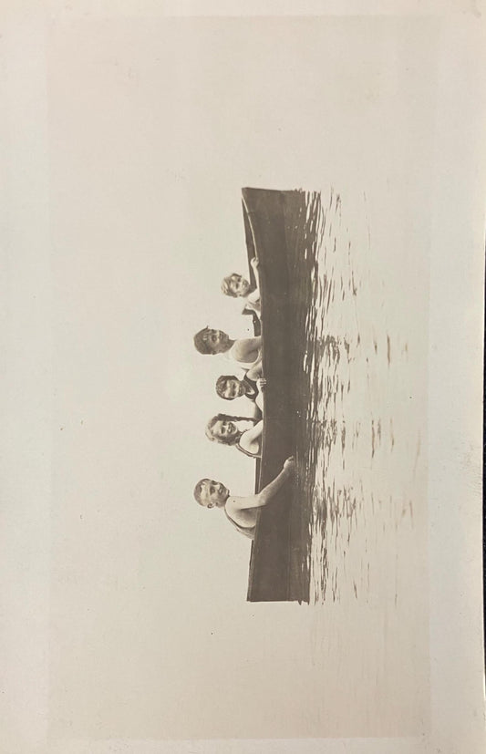 RPPC - Five Smiling Children Sitting in a Canoe at South Haven, Michigan - Wet Children pose in Canoe on Lake Michigan - Real Photo Postcard