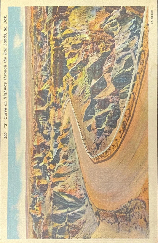 S Curve on Highway - Bad Lands, South Dakota - 1934 Linen Postcard