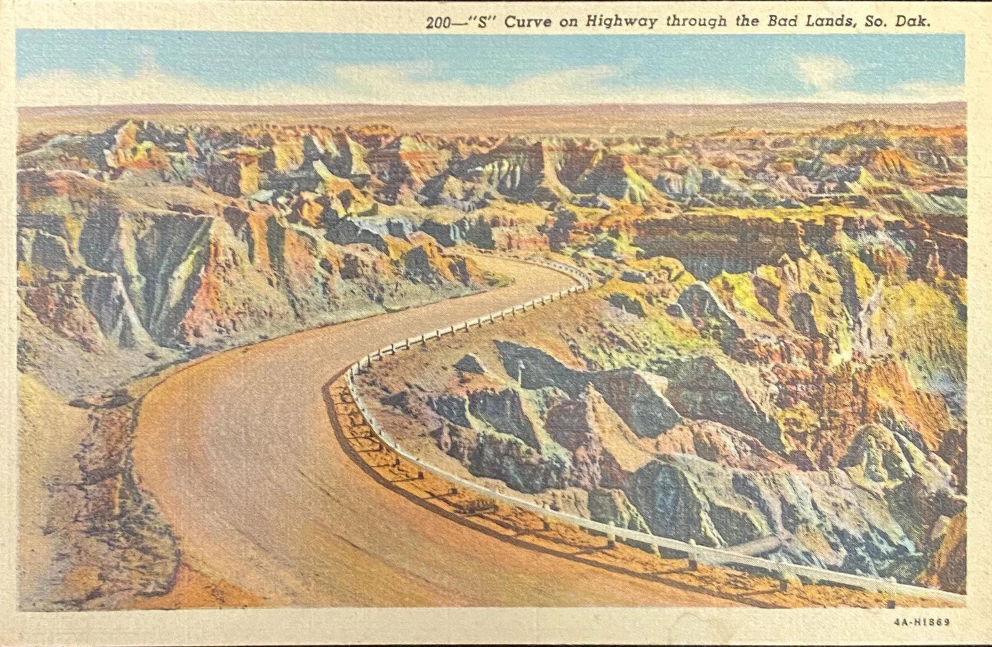 S Curve on Highway - Bad Lands, South Dakota - 1934 Linen Postcard