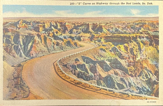 S Curve on Highway - Bad Lands, South Dakota - 1934 Linen Postcard
