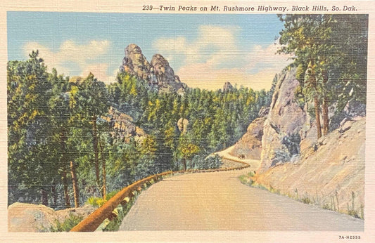 Twin Peaks - Mt. Rushmore Highway - Black Hills, South Dakota - 1937 Linen Postcard