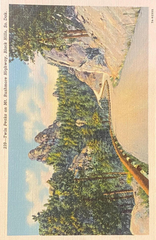 Twin Peaks - Mt. Rushmore Highway - Black Hills, South Dakota - 1937 Linen Postcard