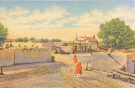 Isleta Indian Pueblo - Old Church in Distance - New Mexico - 1939 Linen Postcard