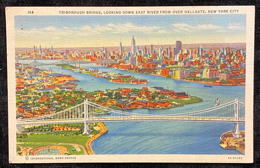 Triborough Bridge - Looking Down East River - Over Hellgate - New York City - 1936 Linen Postcard