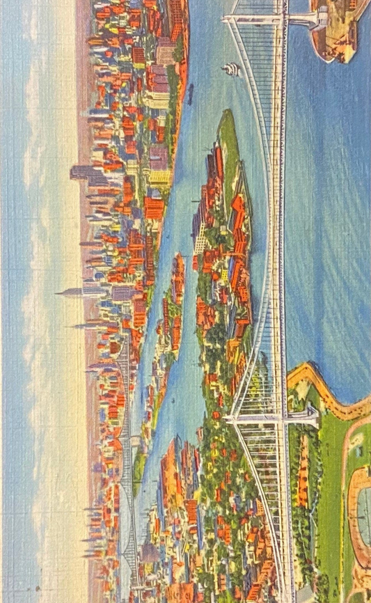 Triborough Bridge - Looking Down East River - Over Hellgate - New York City - 1936 Linen Postcard