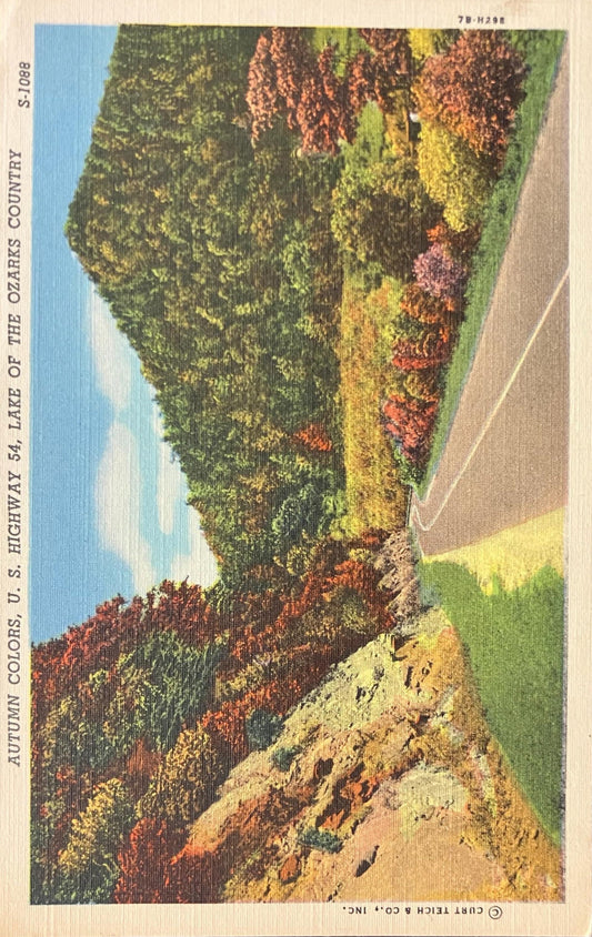 Autumn Colors - U. S. Highway 54 - Lake of the Ozarks Country, Missouri - 1940s Linen Postcard