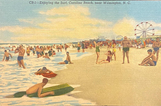 Enjoying the Surf - Carolina Beach - Wilmington, North Carolina - 1944 Linen Postcard