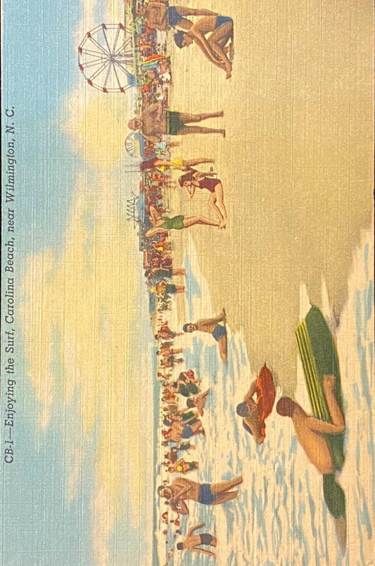 Enjoying the Surf - Carolina Beach - Wilmington, North Carolina - 1944 Linen Postcard