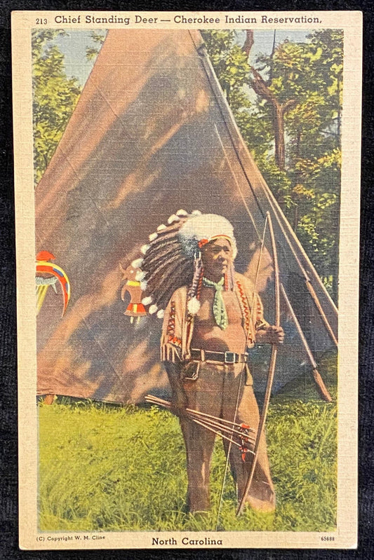 Chief Standing Deer - Cherokee Indian Reservation - North Carolina - 1930s Linen Postcard