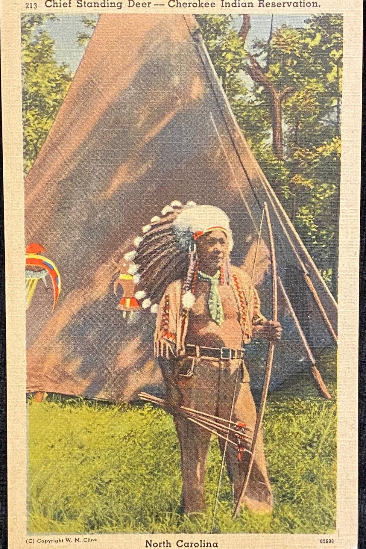 Chief Standing Deer - Cherokee Indian Reservation - North Carolina - 1930s Linen Postcard