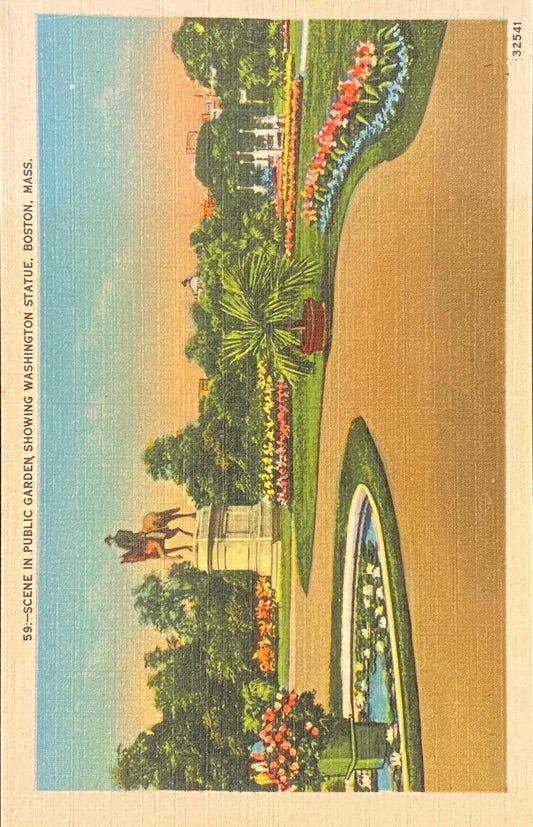 Scene in Public Garden - Washington Statue - Boston, Massachusetts - 1940s Linen Postcard