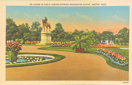 Scene in Public Garden - Washington Statue - Boston, Massachusetts - 1940s Linen Postcard