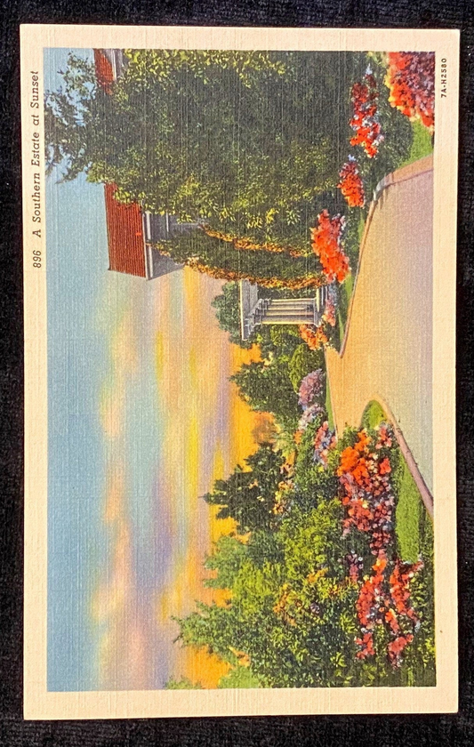 A Southern Estate, Southern State of United States - Sunset - 1937 Linen Postcard