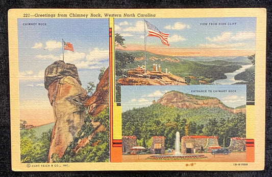 Greetings from Chimney Rock - Western North Carolina - 1941 Linen Postcard