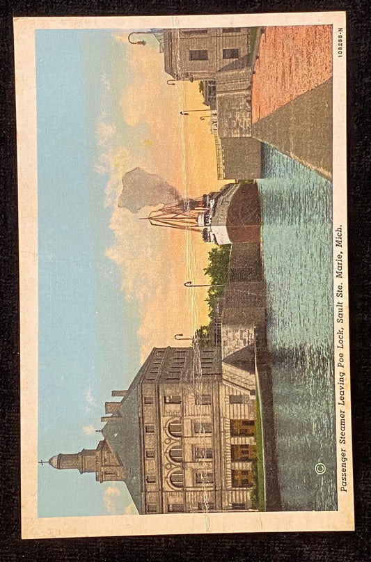 Passenger Steamer - Poe Lock - Sault Ste. Marie, Michigan - 1940s Linen Postcard
