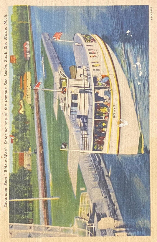 Excursion Boat - "Bide-a-Wee" - Soo Locks - Sault Ste. Marie, Michigan - 1949 Linen Postcard
