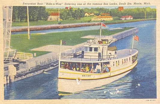 Excursion Boat - "Bide-a-Wee" - Soo Locks - Sault Ste. Marie, Michigan - 1949 Linen Postcard