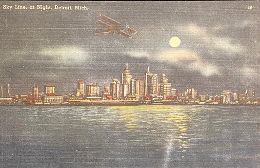 Skyline at Night - Detroit, Michigan - 1940s Linen Postcard