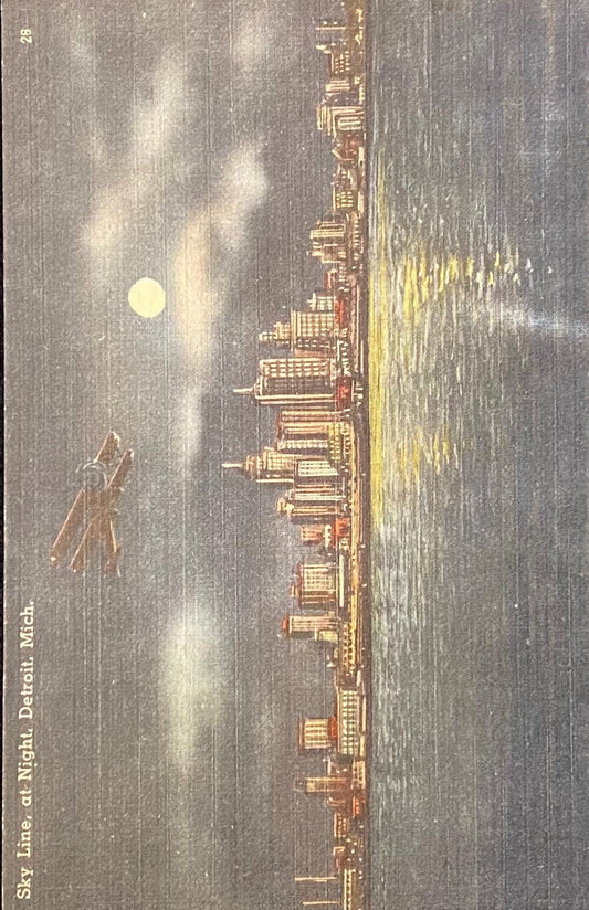 Skyline at Night - Detroit, Michigan - 1940s Linen Postcard