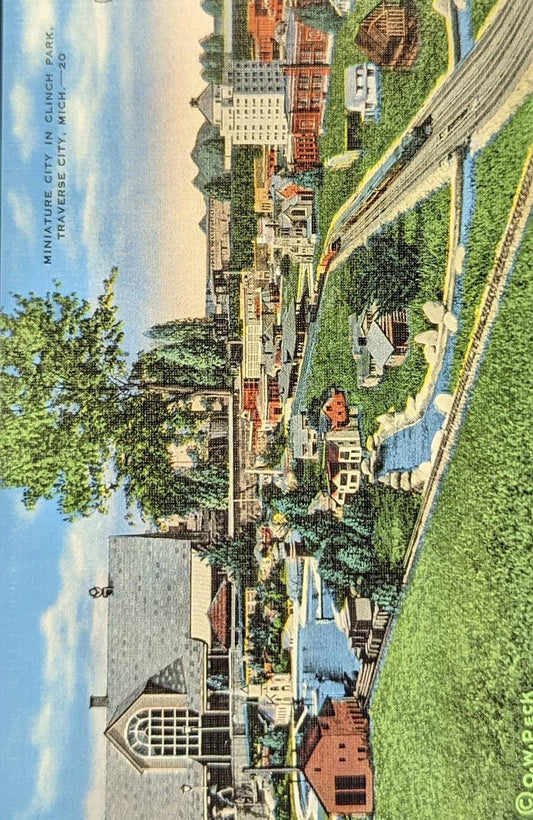 Miniature City - Clinch Park - Traverse City, Michigan - 1940s Linen Postcard