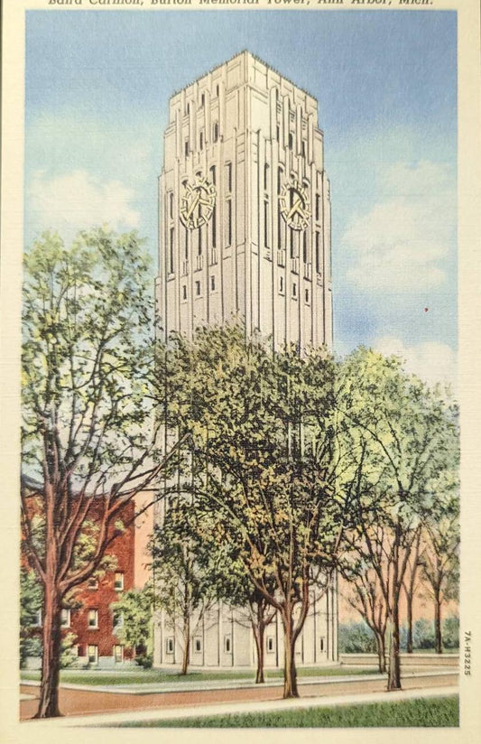 Baird Carillon - Burton Memorial Tower - Ann Arbor, Michigan - 1940s Linen Postcard