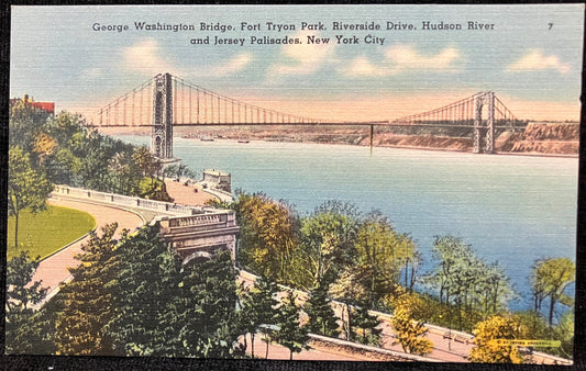 George Washington Bridge, Fort Tryon Park, Riverside Drive, Hudson River and Jersey Palisades, New York City, New York - Vintage Bridge Linen Postcard