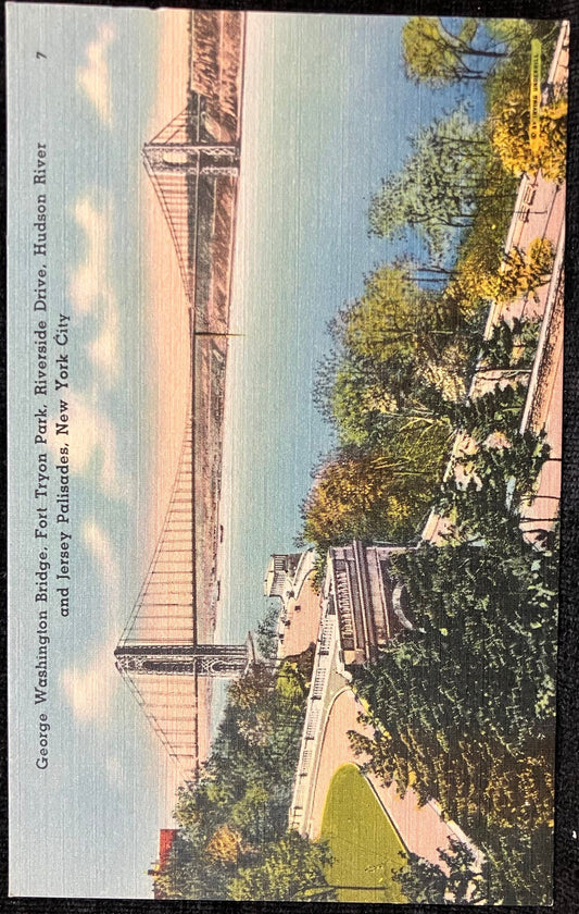 George Washington Bridge, Fort Tryon Park, Riverside Drive, Hudson River and Jersey Palisades, New York City, New York - Vintage Bridge Linen Postcard