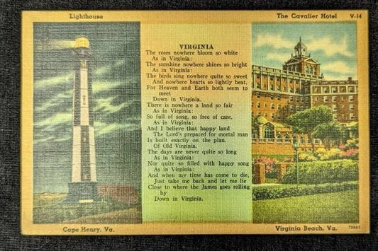 Lighthouse - Cape Henry - The Cavalier Hotel - Virginia Beach, Virginia - 1940s Linen Postcard