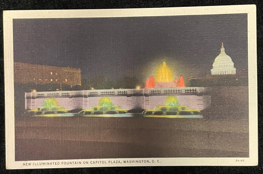 New Illuminated Fountain - Capitol Plaza - Washington D.C., Maryland - 1940s Linen Postcard