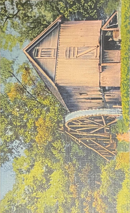 A Rustic Landmark - Grist Mill with old-fashioned water wheel - Wyoming - 1940s Linen Postcard