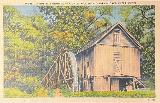 A Rustic Landmark - Grist Mill with old-fashioned water wheel - Wyoming - 1940s Linen Postcard