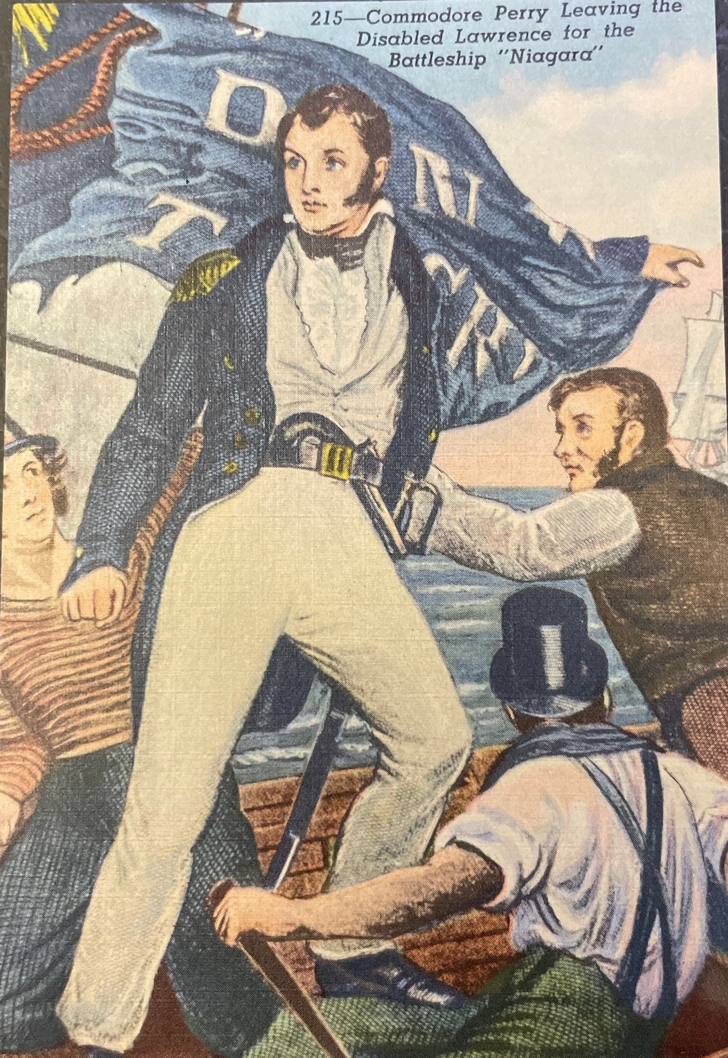 Commodore Perry Leaving the Disabled Lawerence for the Battleship "Niagara"— 1960s Linen Postcard