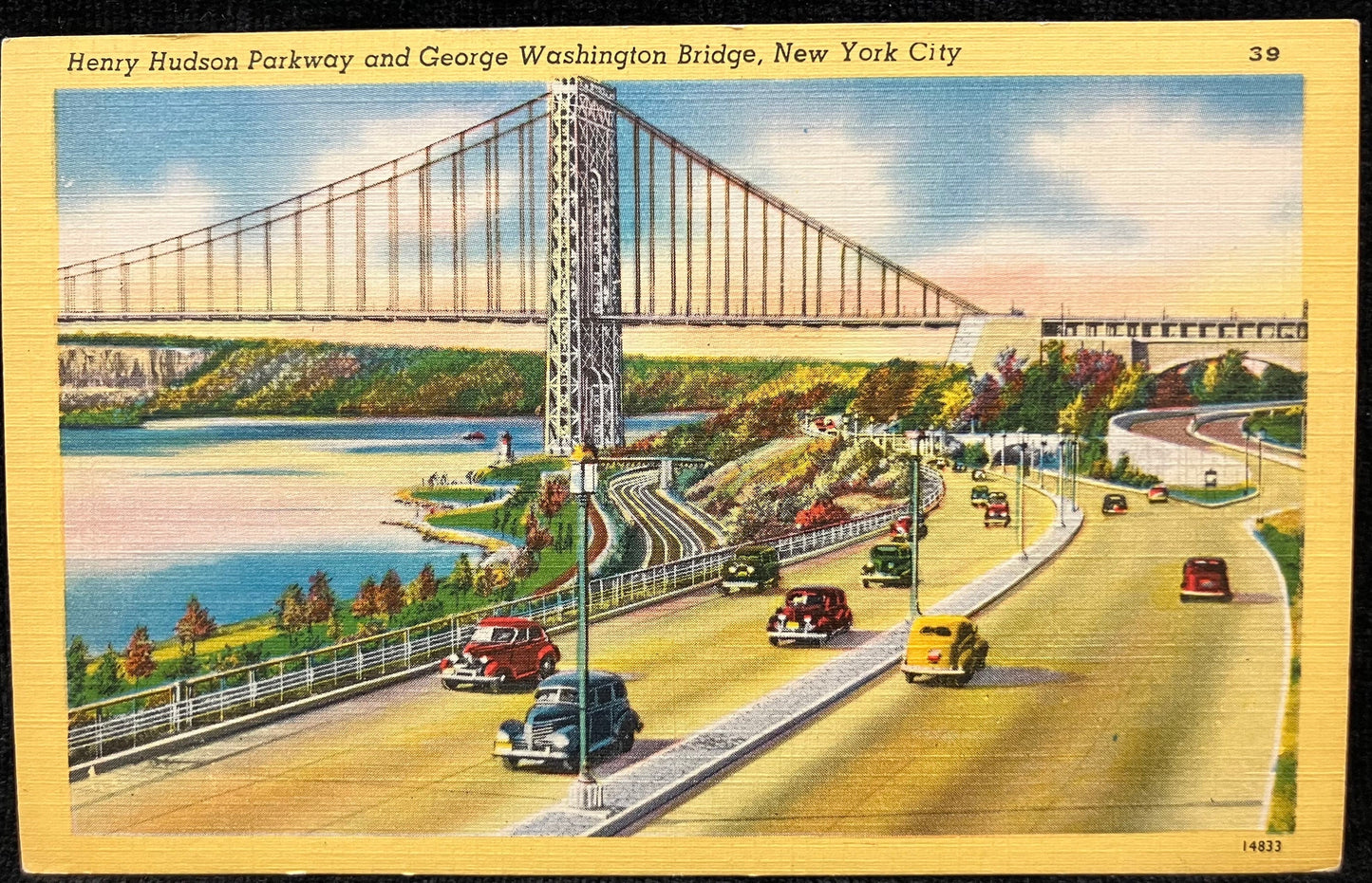 Henry Hudson Parkway and George Washington Bridge, New York City, New York - Vintage Linen Postcard - 1930s Cars and Bridge