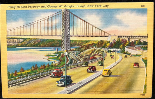 Henry Hudson Parkway and George Washington Bridge, New York City, New York - Vintage Linen Postcard - 1930s Cars and Bridge