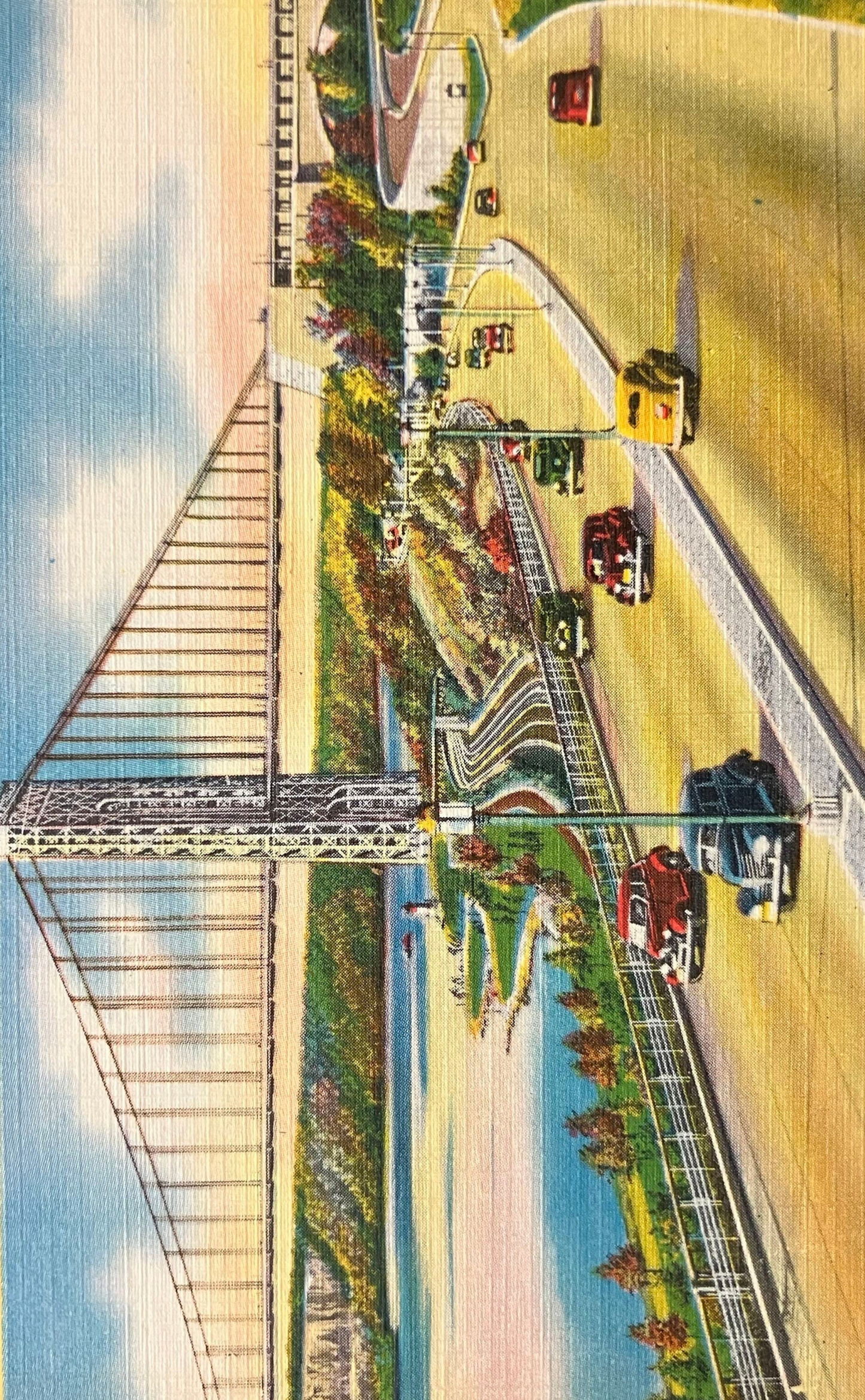 Henry Hudson Parkway and George Washington Bridge, New York City, New York - Vintage Linen Postcard - 1930s Cars and Bridge