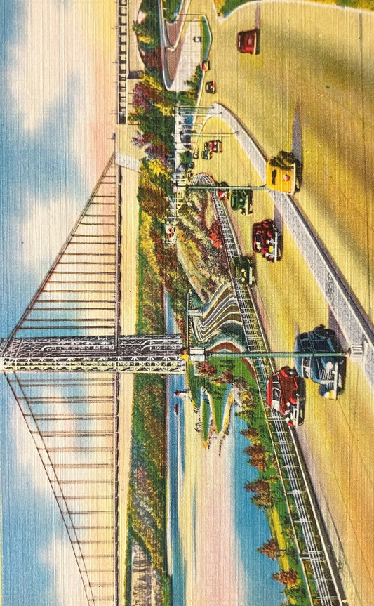 Henry Hudson Parkway and George Washington Bridge, New York City, New York - Vintage Linen Postcard - 1930s Cars and Bridge